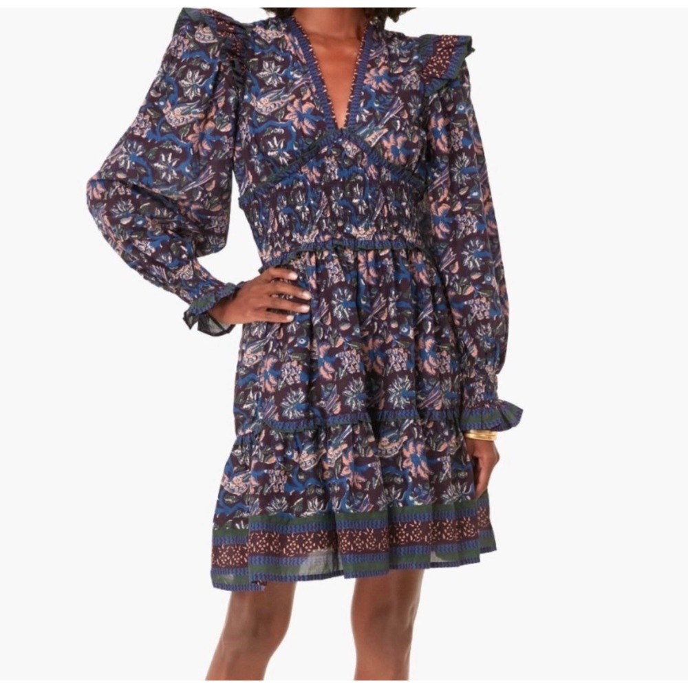 Sea New York Noah Paisley Floral Smocked V-Neck Mini Dress Sz 14/L Ruffle Boho